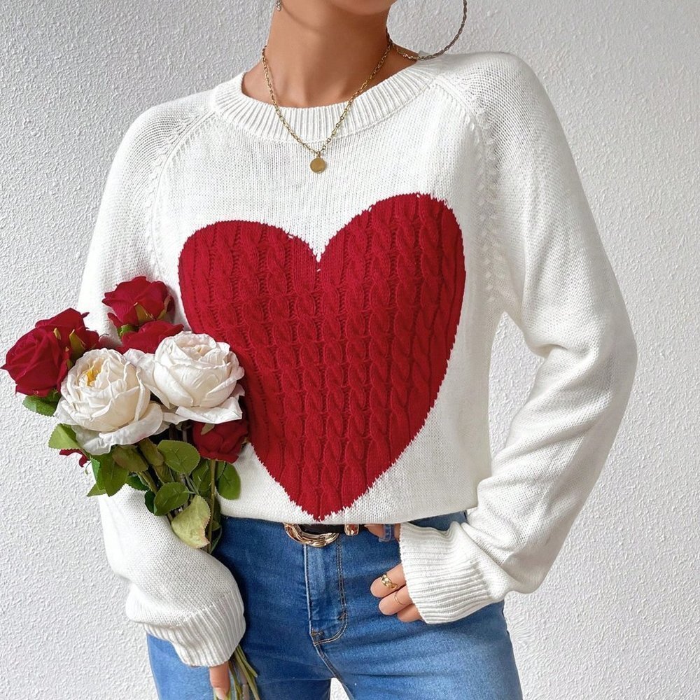 White Casual Womens Women's Heart Patterned Sweater Pullover